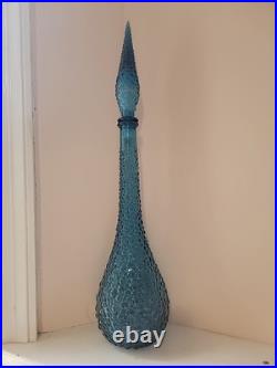 Vtg MCM Blue Empoli Bubble Hobnail Glass Genie Decanter Bottle with Stopper 22