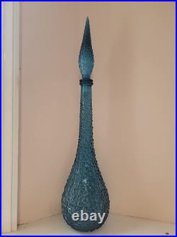 Vtg MCM Blue Empoli Bubble Hobnail Glass Genie Decanter Bottle with Stopper 22