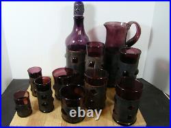 Vtg MCM Brutalist Felipe Derflinger Caged Glass Purple Pitcher, Decanter Bar Set