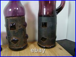 Vtg MCM Brutalist Felipe Derflinger Caged Glass Purple Pitcher, Decanter Bar Set