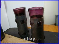 Vtg MCM Brutalist Felipe Derflinger Caged Glass Purple Pitcher, Decanter Bar Set