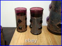 Vtg MCM Brutalist Felipe Derflinger Caged Glass Purple Pitcher, Decanter Bar Set