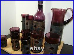 Vtg MCM Brutalist Felipe Derflinger Caged Glass Purple Pitcher, Decanter Bar Set