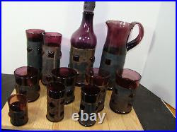 Vtg MCM Brutalist Felipe Derflinger Caged Glass Purple Pitcher, Decanter Bar Set