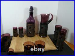 Vtg MCM Brutalist Felipe Derflinger Caged Glass Purple Pitcher, Decanter Bar Set