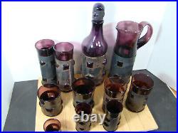 Vtg MCM Brutalist Felipe Derflinger Caged Glass Purple Pitcher, Decanter Bar Set