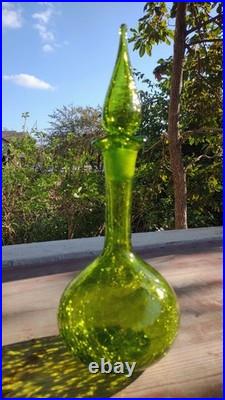 Vtg MCM Green BLENKO Crackle Glass DECANTER 37 Stopper Wayne HUSTED Genie BOTTLE