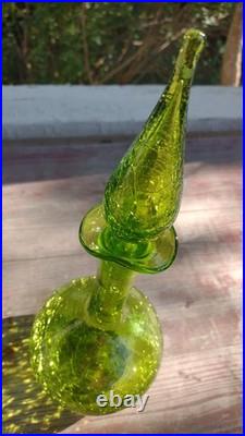 Vtg MCM Green BLENKO Crackle Glass DECANTER 37 Stopper Wayne HUSTED Genie BOTTLE