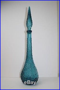 Vtg Mid Century Decanter Blue Bubble Glass Genie Bottle withStopper 22.25H x 5W