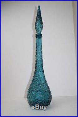 Vtg Mid Century Decanter Blue Bubble Glass Genie Bottle withStopper 22.25H x 5W