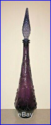 Vtg Mid Century Empoli Genie Bottle Decanter Fruit Grapes Motif 22 1/4 Amethyst
