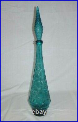 Vtg Mid Century Empoli Genie Bottle Decanter Turquoise Blue Fruit Motif 22.5