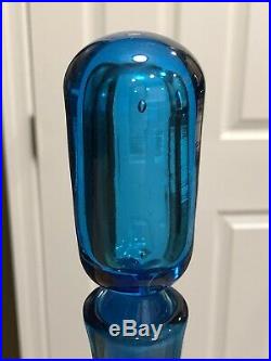 Vtg Mid Century Modern Blenko Peacock Blue Crackle Glass 657M Decanter & Stopper