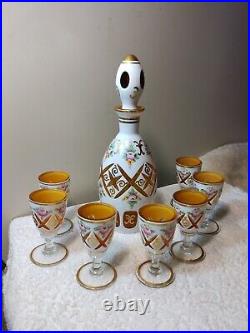 Vtg Moser Cased Glass Decanter Set 7 Wine Goblets Gold Cut Hd/Ptd Amber Inset