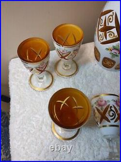 Vtg Moser Cased Glass Decanter Set 7 Wine Goblets Gold Cut Hd/Ptd Amber Inset
