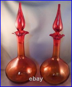 Vtg Rare Pair of Blenko #37 Hand Blown MCM Art Glass Decanters with Stoppers