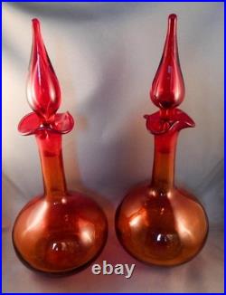 Vtg Rare Pair of Blenko #37 Hand Blown MCM Art Glass Decanters with Stoppers