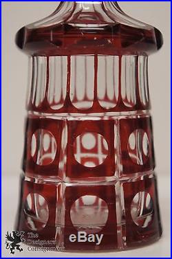 Vtg Ruby Cut to Clear Bohemian Crystal Geometric Decanter Stopper Mid C. Modern