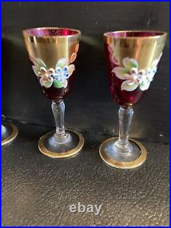 Vtg Seyei Victorian Glass Bar 5pc Set Ruby Glass Dessert/cordial Flutes? Enamel