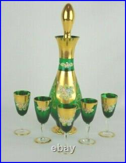 Vtg Seyei Victorian Glass Bar Set Decanter Green Glass with Dessert Flutes Enamel