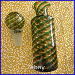 Vtg Spiral Murano Decanter With Topper Green Orange Swirl Design 7.25 Tall Perf