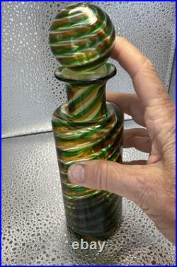 Vtg Spiral Murano Decanter With Topper Green Orange Swirl Design 7.25 Tall Perf