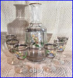 Vtg. Unique Hand Painted Floral Clear Glass decanter & 6 Cordial Glasses Set