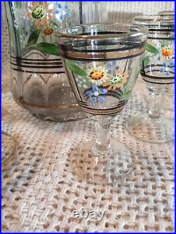 Vtg. Unique Hand Painted Floral Clear Glass decanter & 6 Cordial Glasses Set