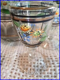 Vtg. Unique Hand Painted Floral Clear Glass decanter & 6 Cordial Glasses Set