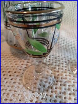 Vtg. Unique Hand Painted Floral Clear Glass decanter & 6 Cordial Glasses Set