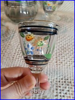 Vtg. Unique Hand Painted Floral Clear Glass decanter & 6 Cordial Glasses Set