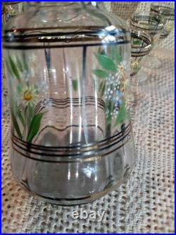 Vtg. Unique Hand Painted Floral Clear Glass decanter & 6 Cordial Glasses Set