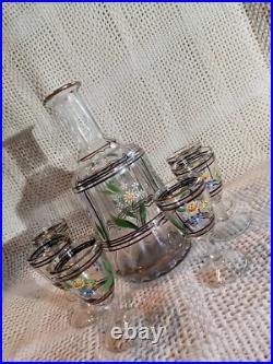 Vtg. Unique Hand Painted Floral Clear Glass decanter & 6 Cordial Glasses Set