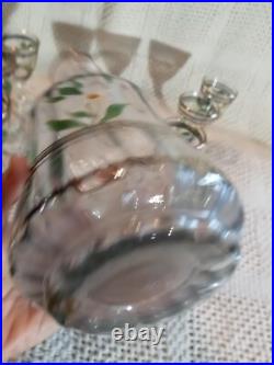 Vtg. Unique Hand Painted Floral Clear Glass decanter & 6 Cordial Glasses Set