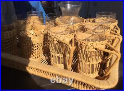 Vtg Wicker rattan Wrapped Carafe 6 glasses 4 Glasses With Handle Decanter & Tray