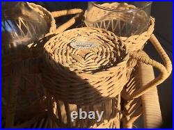 Vtg Wicker rattan Wrapped Carafe 6 glasses 4 Glasses With Handle Decanter & Tray
