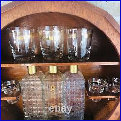 Vtg barrel bar wall mount MCM w decanters and glasses 15W barware mancave