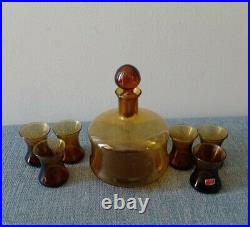 WOW! Vintage Amber Decanter & Six Shot Glass Collectible Set Made in Italy