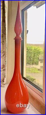 XL Cased Tomato Red Genie Bottle Decanter Mcm Glass Italy Vintage Empoli