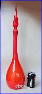 XL Cased Tomato Red Genie Bottle Decanter Mcm Glass Italy Vintage Empoli 1960s