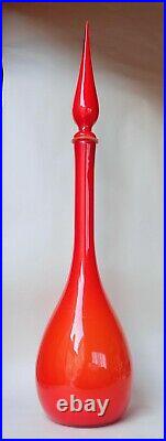 XL Cased Tomato Red Genie Bottle Decanter Mcm Glass Italy Vintage Empoli 1960s