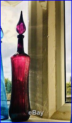 XXL 26 66cm Dark Magenta Glass Genie Bottle Italy Empoli 1970s Vintage Decanter